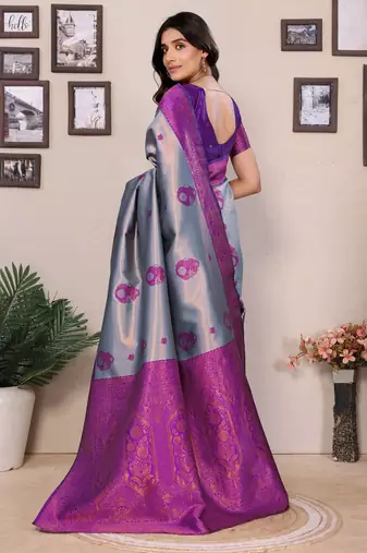 sky blue purple silk blend banarasi saree with unstitched blouse piece