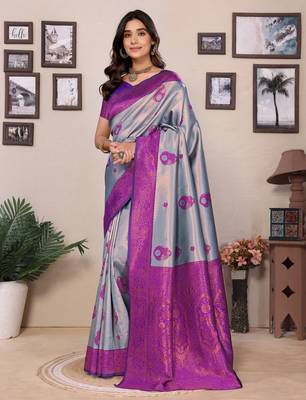 sky blue purple silk blend banarasi saree with unstitched blouse piece 3