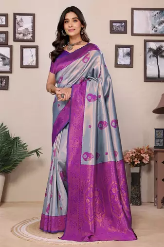 sky blue purple silk blend banarasi saree with unstitched blouse piece