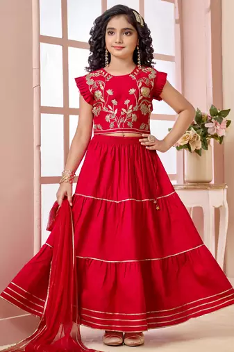 Red zari work art silk a line lehenga choli dupatta