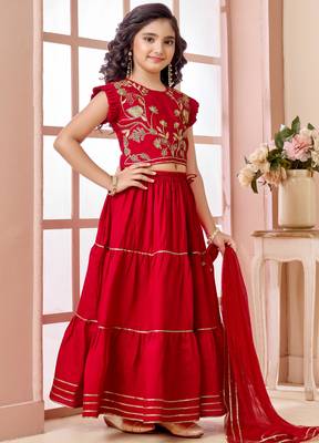 Red zari work art silk a line lehenga choli dupatta 4