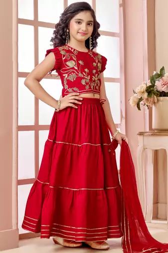 Red zari work art silk a line lehenga choli dupatta