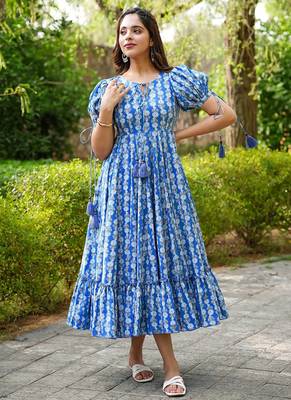 Blue rayon digital print designer western gown 1