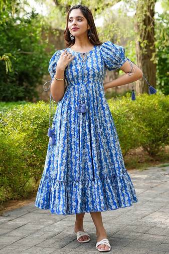 Blue rayon digital print designer western gown