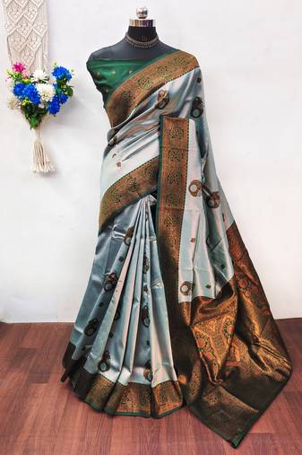 Sea green  soft silk blend banarasi jacuard work designer party wear saree with unstitched blouse piece