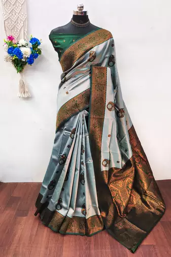 sea green  soft art silk blend banarasi jacuard work designer party wear saree with unstitched blouse piece