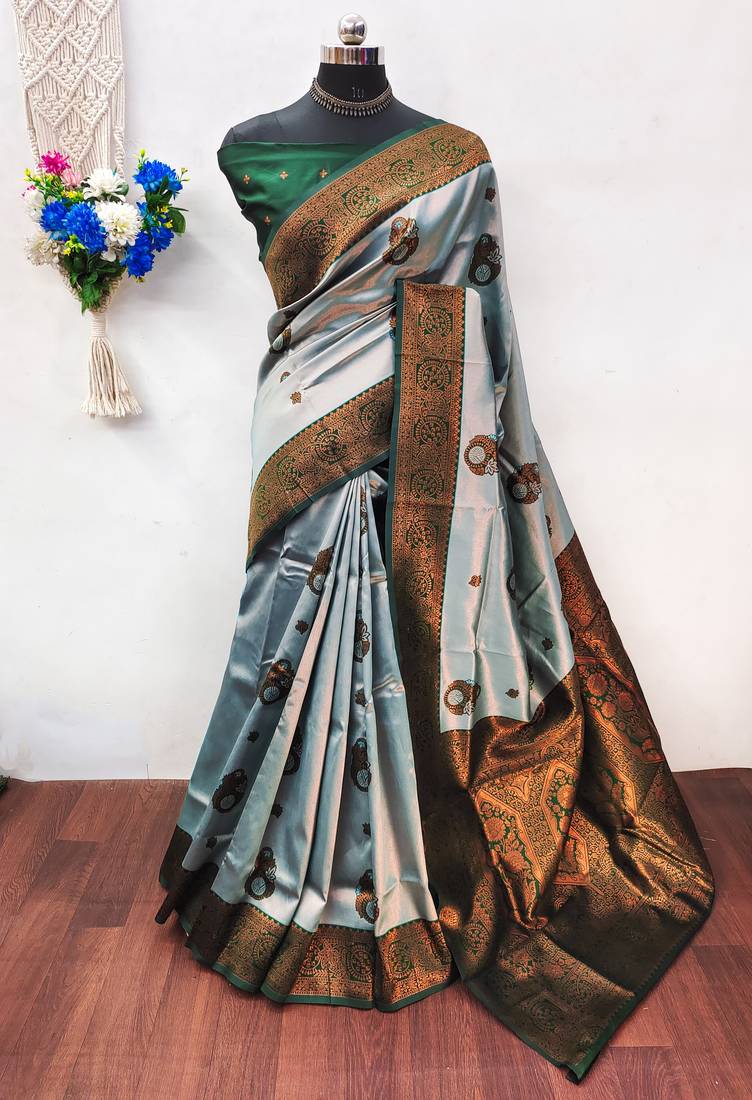 Sea green  soft silk blend banarasi jacuard work designer party wear saree with unstitched blouse piece