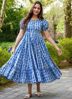 Blue rayon digital print designer western gown 2