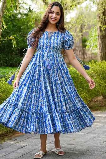 Blue rayon digital print designer western gown