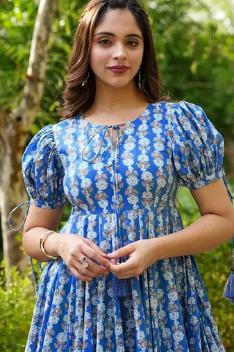 Blue rayon digital print designer western gown