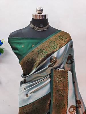 sea green silk blend banarasi saree with unstitched blouse piece 2