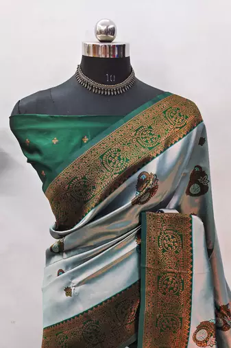 sea green silk blend banarasi saree with unstitched blouse piece
