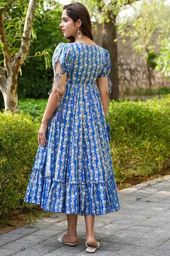 Blue rayon digital print designer western gown
