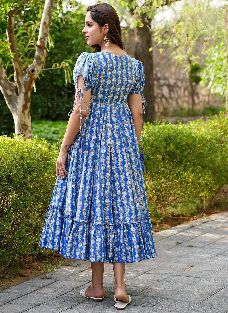 Blue rayon digital print designer western gown