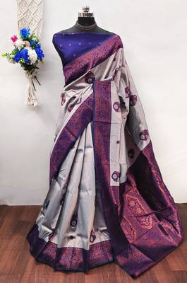 grey neavy blue silk blend banarasi saree with unstitched blouse piece 1