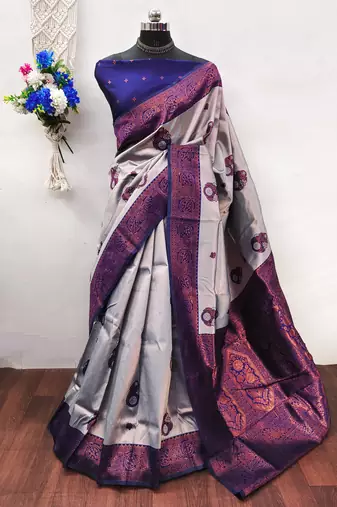 Grey neavy blue  soft silk blend banarasi jacuard work designer party wear saree with unstitched blouse piece