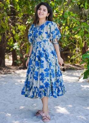 Blue rayon digital print designer western gown 1