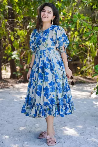 Blue rayon digital print designer western gown