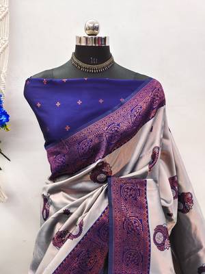 grey neavy blue silk blend banarasi saree with unstitched blouse piece 2