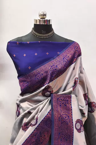 grey neavy blue silk blend banarasi saree with unstitched blouse piece