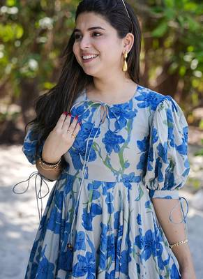 Blue rayon digital print designer western gown 2