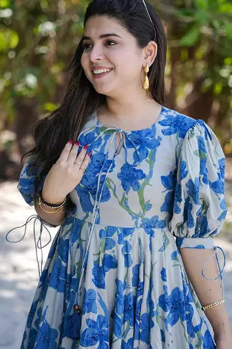 Blue rayon digital print designer western gown