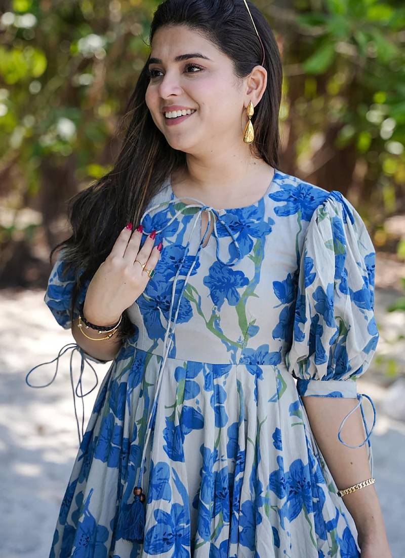 Blue rayon digital print designer western gown