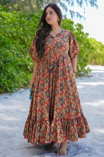 Multi color rayon digital print designer western gown