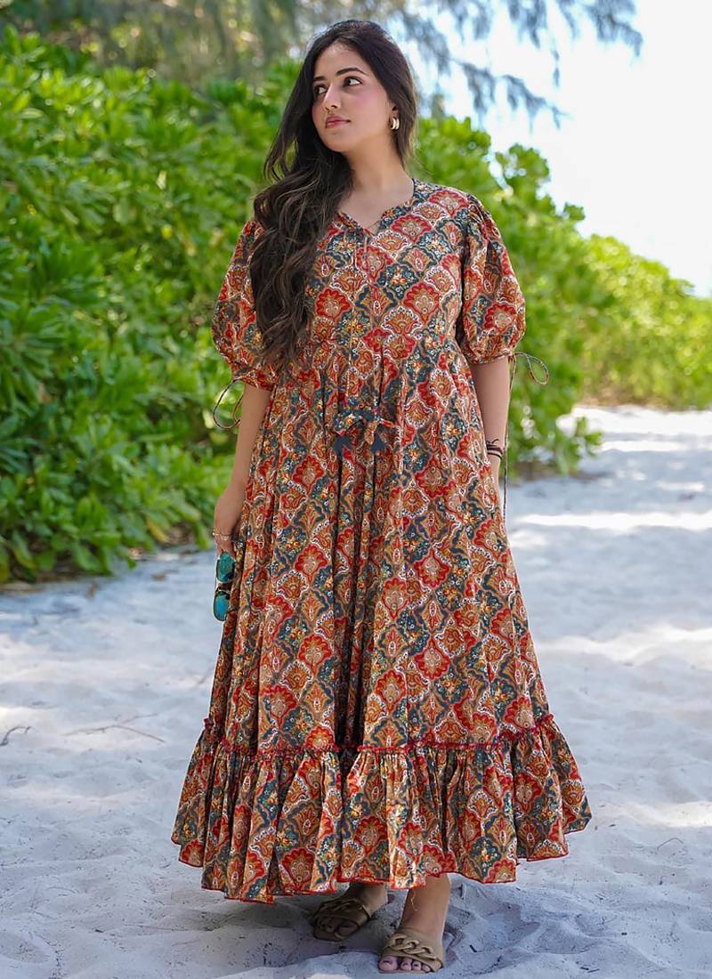 Multi color rayon digital print designer western gown