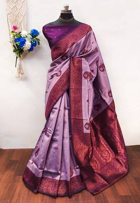 lavender purple silk blend banarasi saree with unstitched blouse piece 1
