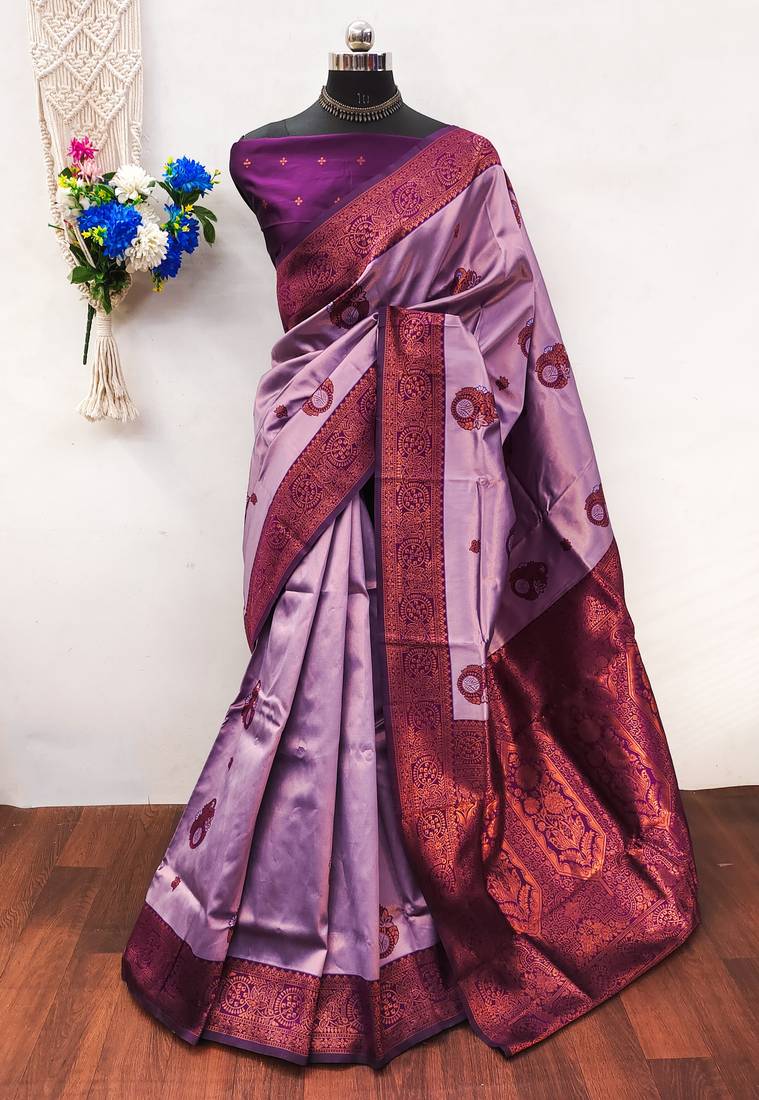 Lavender purple soft silk blend banarasi jacuard work designer party wear saree with unstitched blouse piece