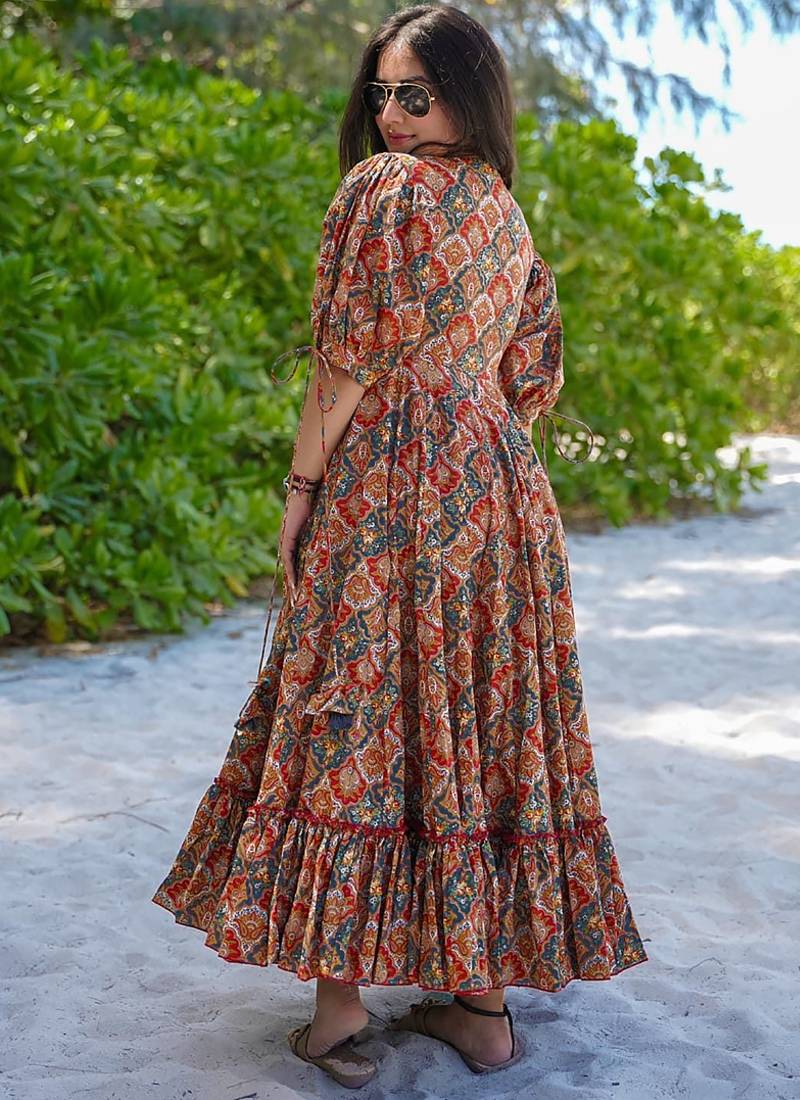 Multi color rayon digital print designer western gown