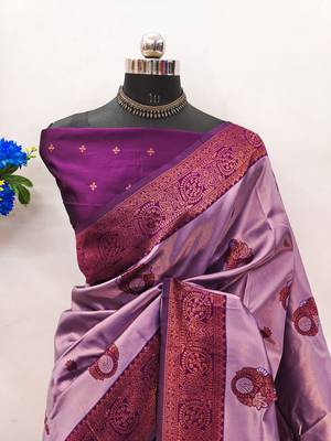 lavender purple silk blend banarasi saree with unstitched blouse piece 2