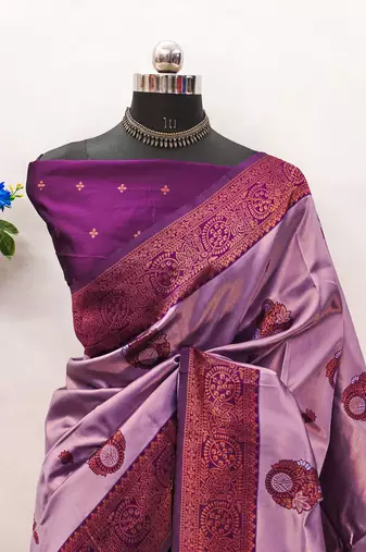 lavender purple silk blend banarasi saree with unstitched blouse piece