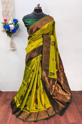 lamon green silk blend banarasi saree with unstitched blouse piece 1