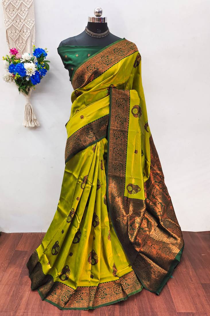 Lamon green  soft silk blend banarasi jacuard work designer party wear saree with unstitched blouse piece