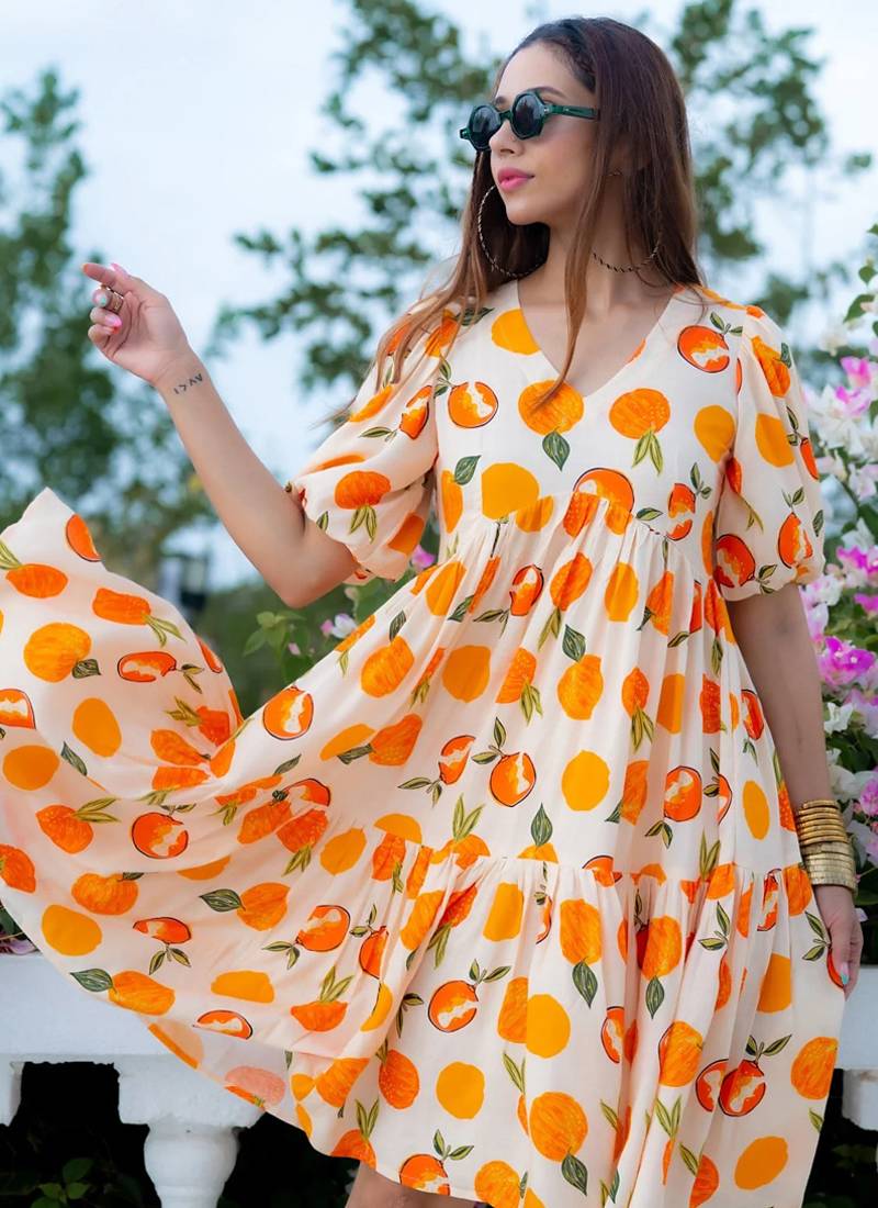 Off white rayon digital print designer western gown