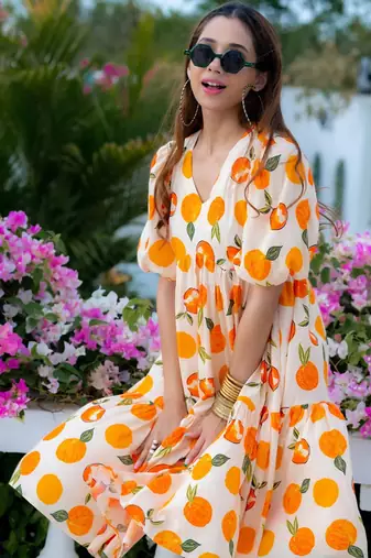 Off white rayon digital print designer western gown