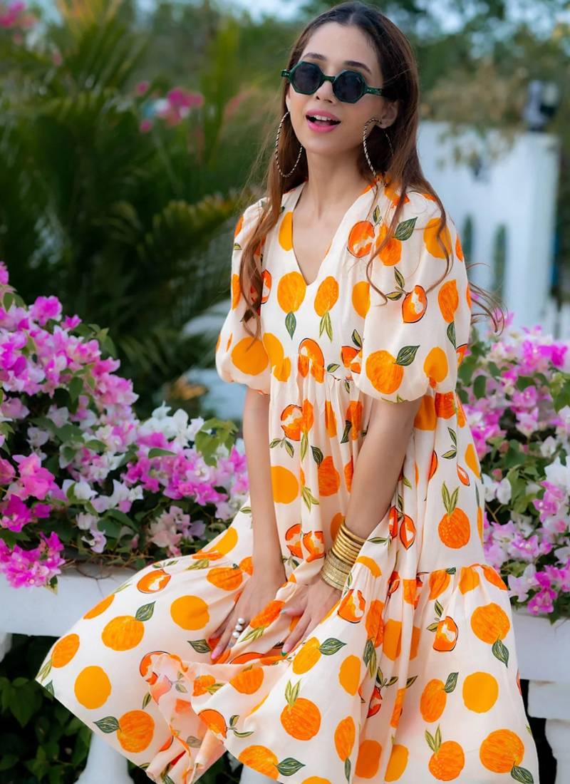 Off white rayon digital print designer western gown