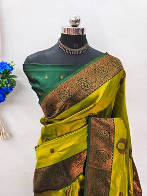 lamon green silk blend banarasi saree with unstitched blouse piece 2