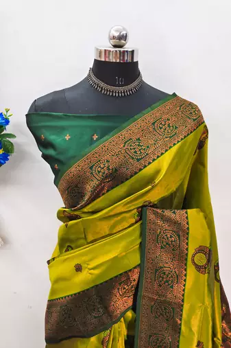 lamon green silk blend banarasi saree with unstitched blouse piece