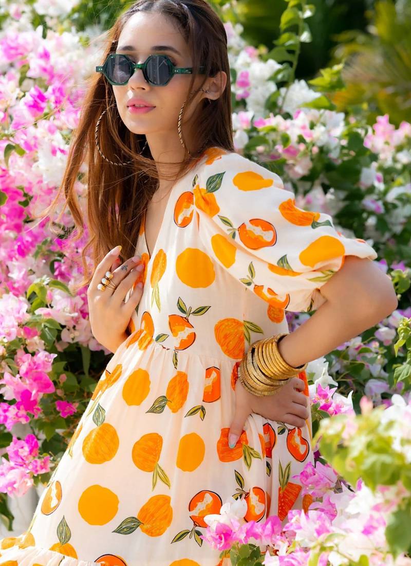 Off white rayon digital print designer western gown