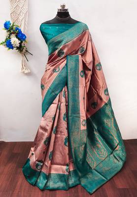 peach rama silk blend banarasi saree with unstitched blouse piece 1