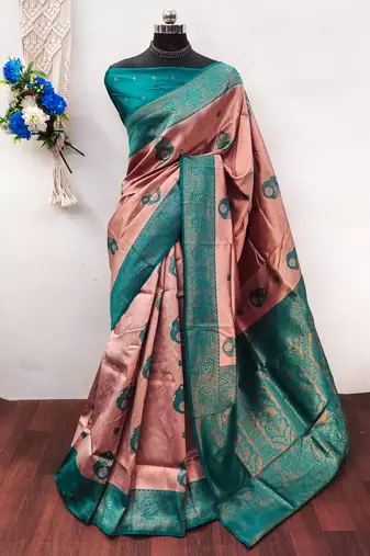 Peach rama  soft silk blend banarasi jacuard work designer party wear saree with unstitched blouse piece