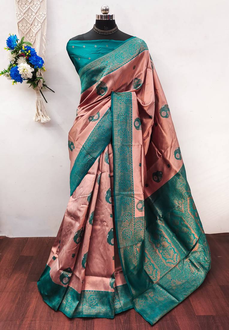 Peach rama  soft silk blend banarasi jacuard work designer party wear saree with unstitched blouse piece