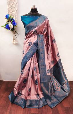 peach sky silk blend banarasi saree with unstitched blouse piece 1