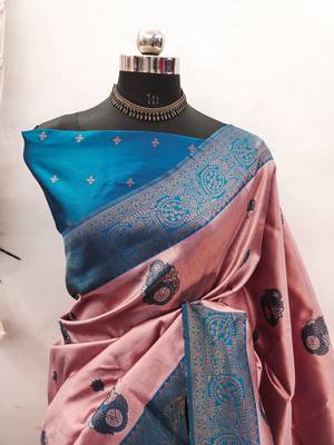 peach sky silk blend banarasi saree with unstitched blouse piece 2