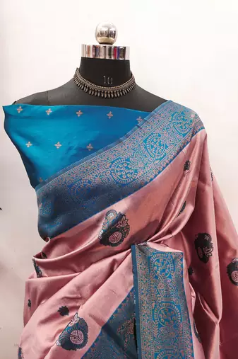 peach sky silk blend banarasi saree with unstitched blouse piece