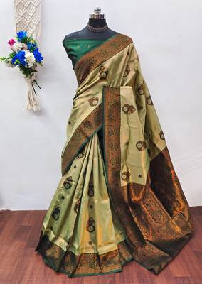 pista green silk blend banarasi saree with unstitched blouse piece 1