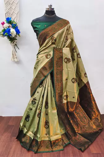 Pista green soft silk blend banarasi jacuard work designer party wear saree with unstitched blouse piece